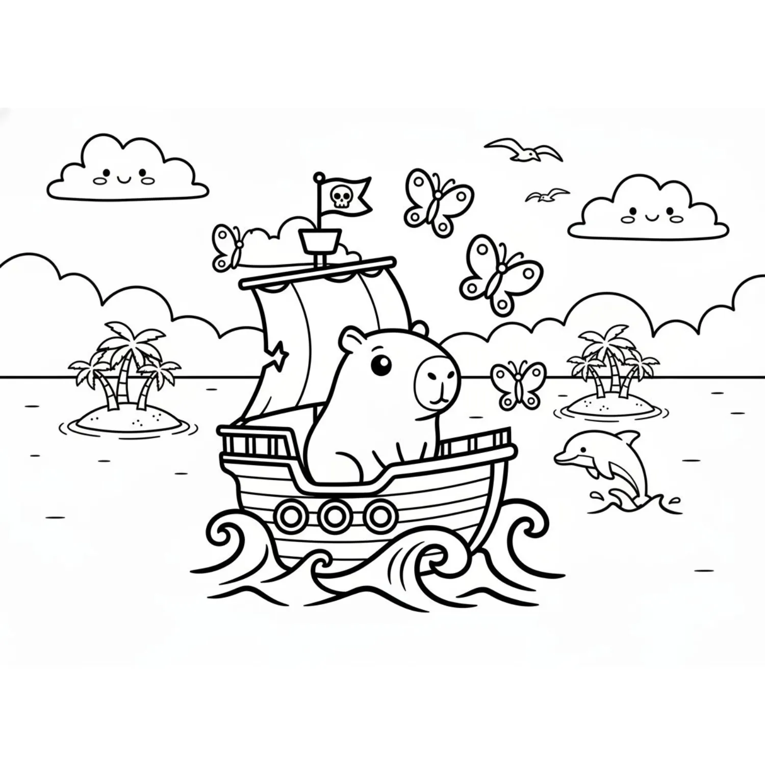 Adventurous Capybara On A Pirate Ship At Sea coloring page