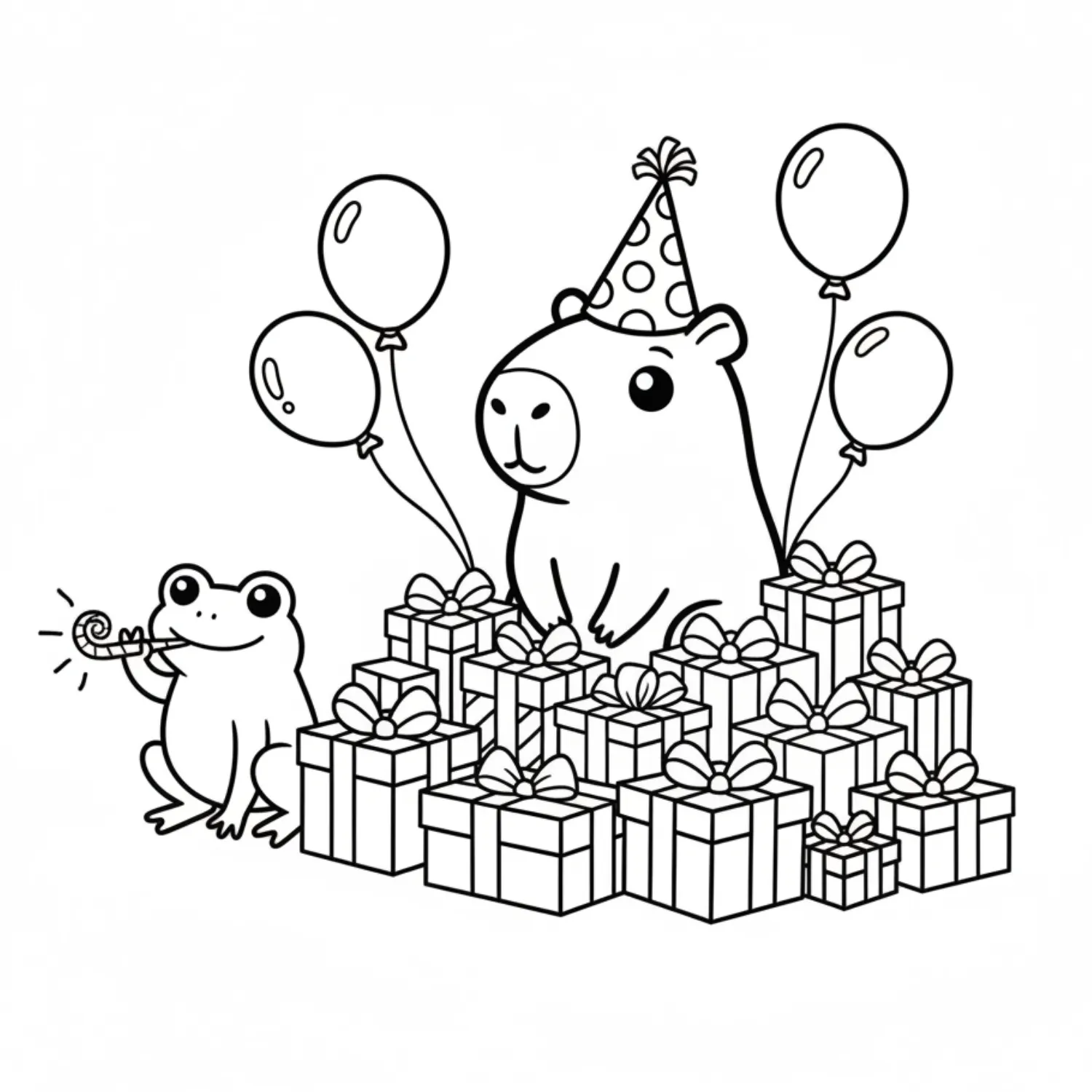Happy Capybara Birthday Party With Many Gifts And Frog Friend coloring page
