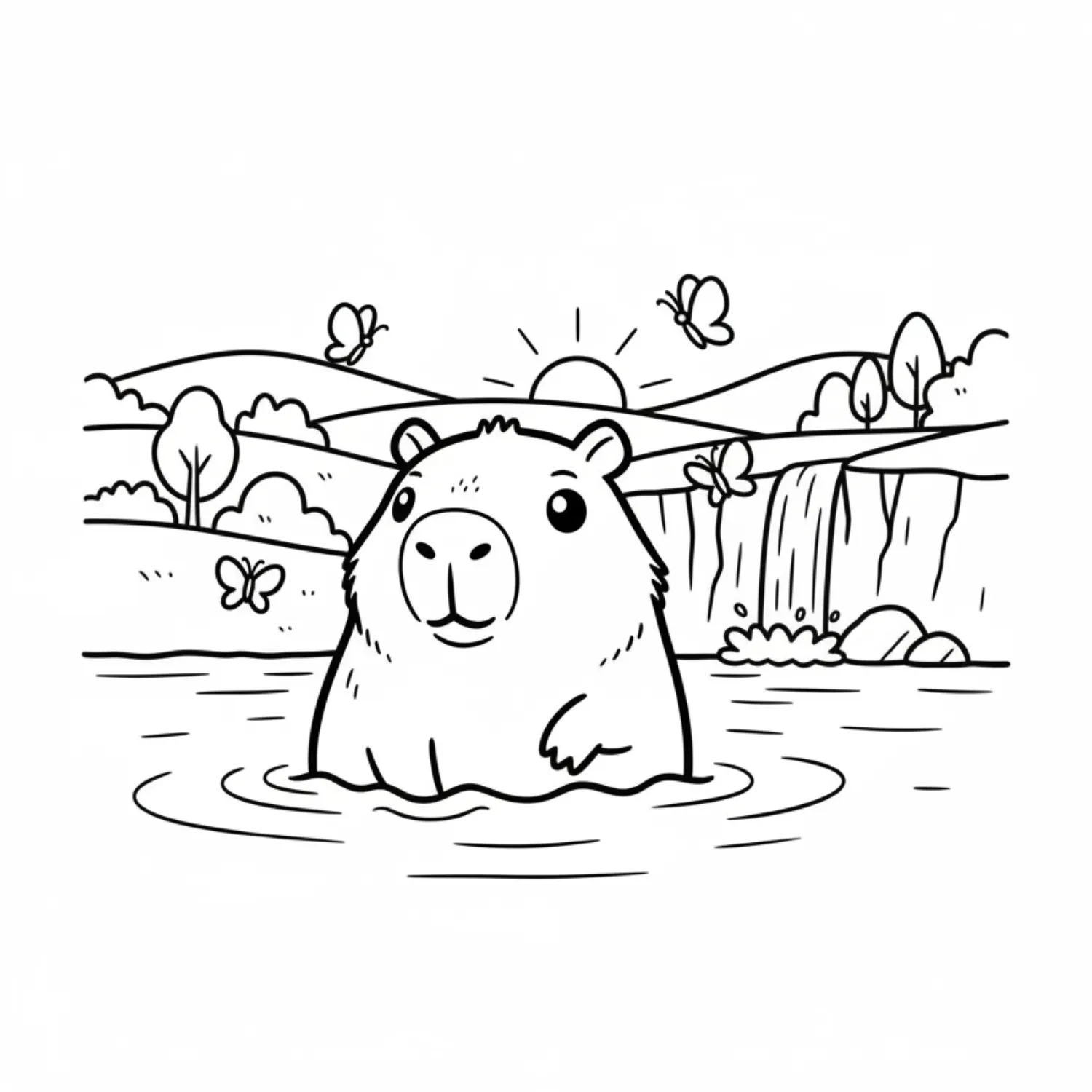 Happy Capybara Swimming In A Lake At Sunrise coloring page