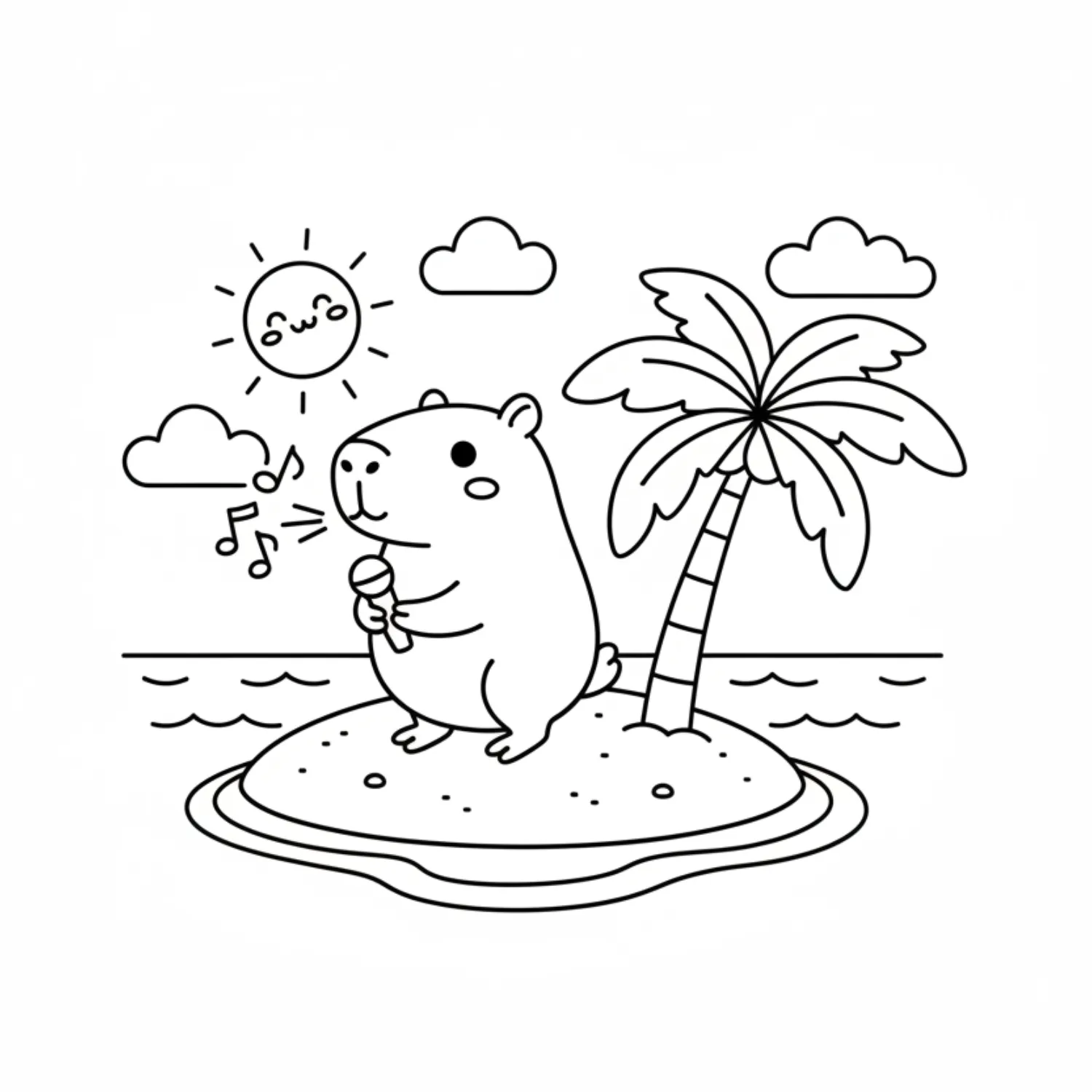 Singing Capybara On Tropical Island With Palm Tree coloring page