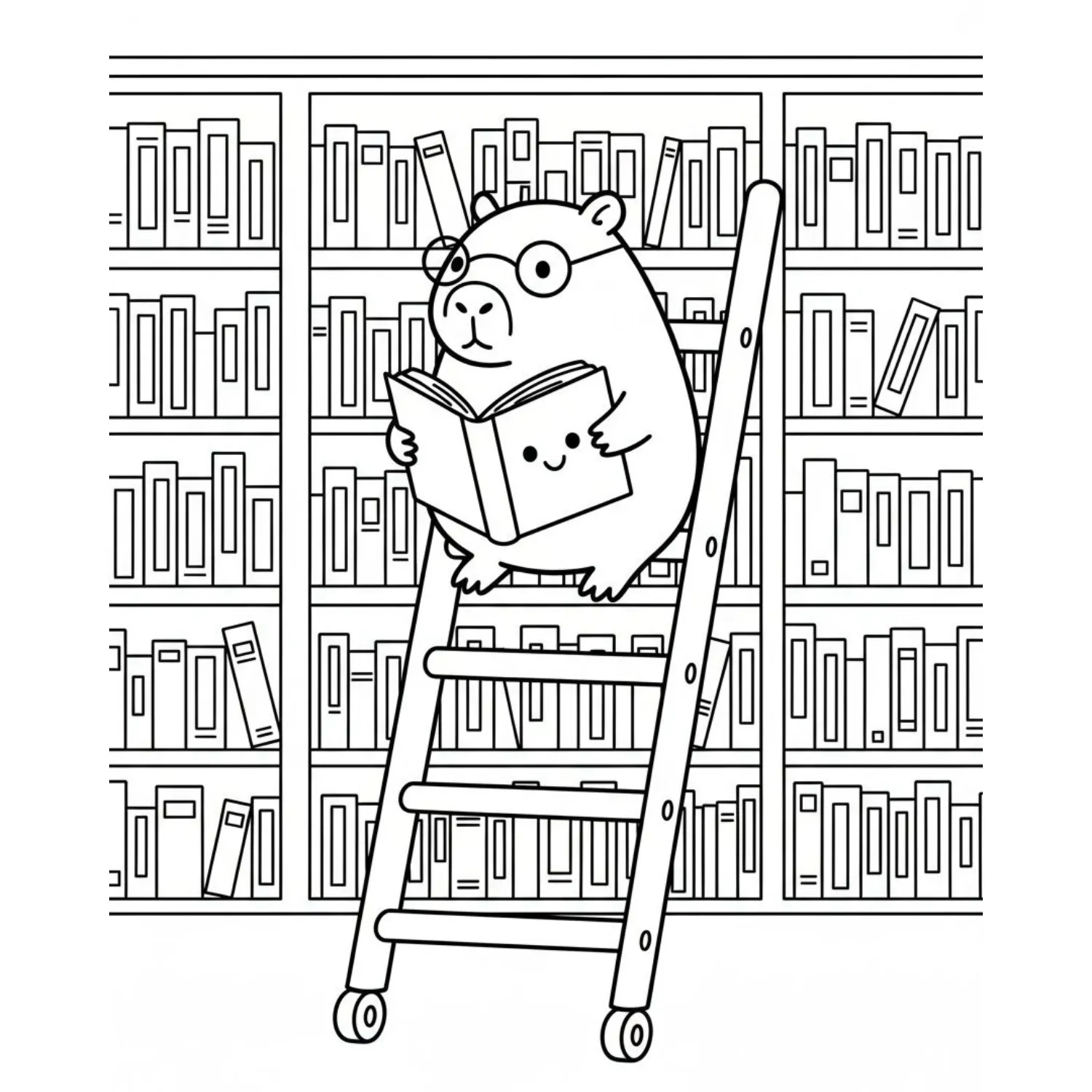 Smart Capybara Librarian On A Ladder Reading coloring page