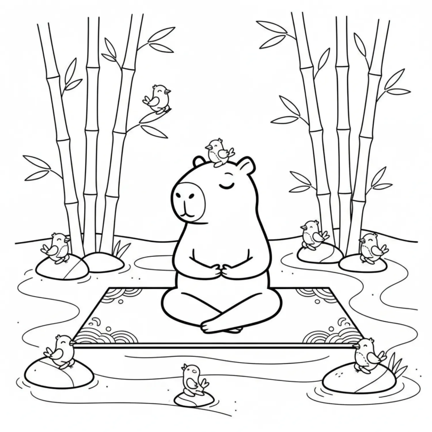 Zen Capybara Meditating With Birds In Bamboo Garden coloring page