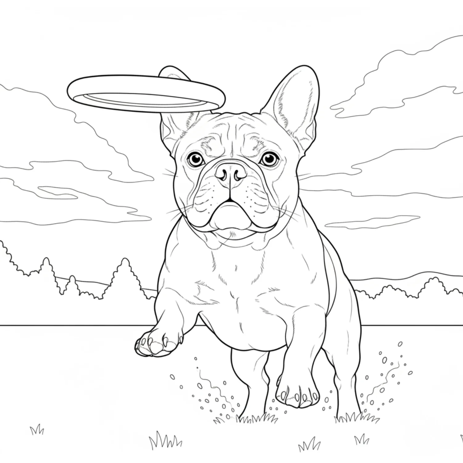 Bulldog Chasing Frisbee coloring page - free printable bulldog chasing frisbee coloring sheet for kids