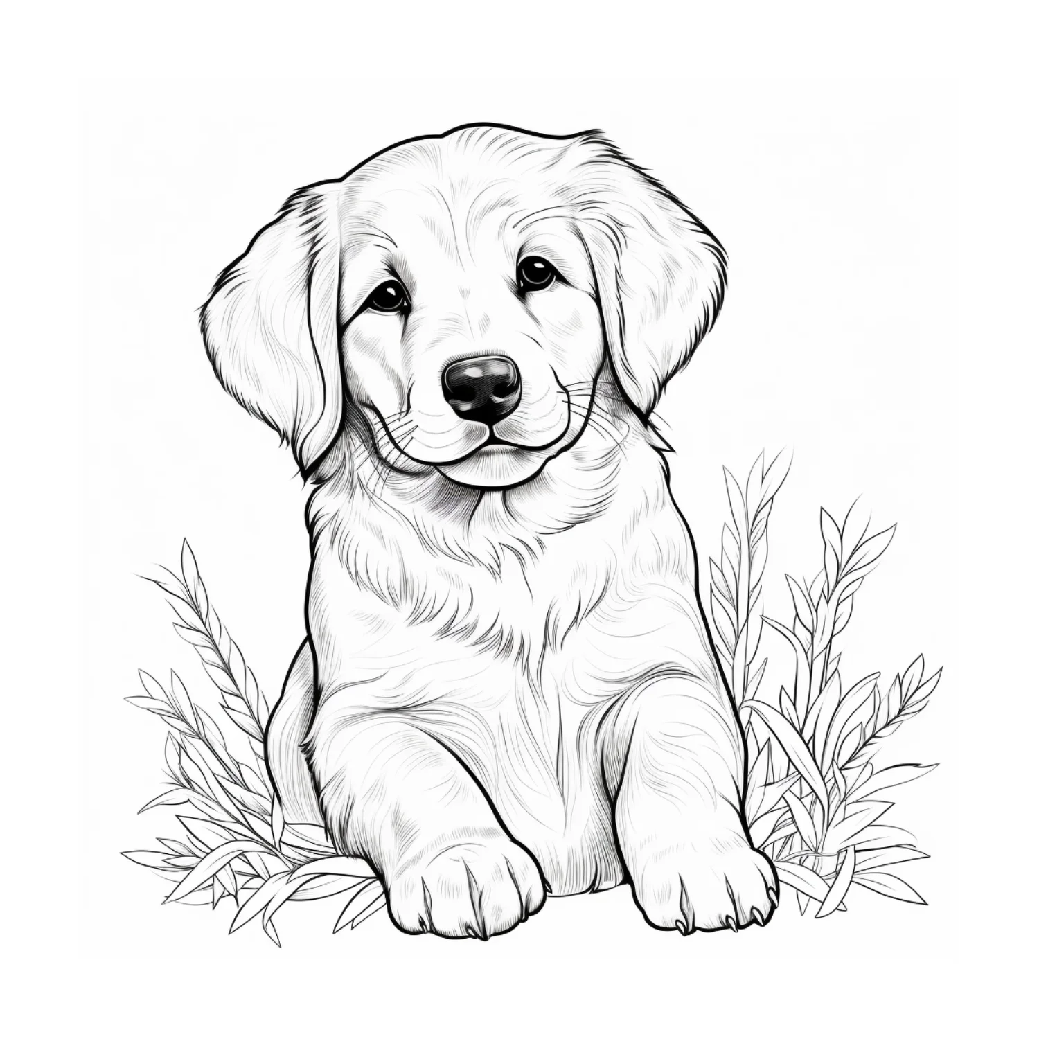 Cuddly Puppy in Grass coloring page - free printable golden retriever coloring sheet for kids
