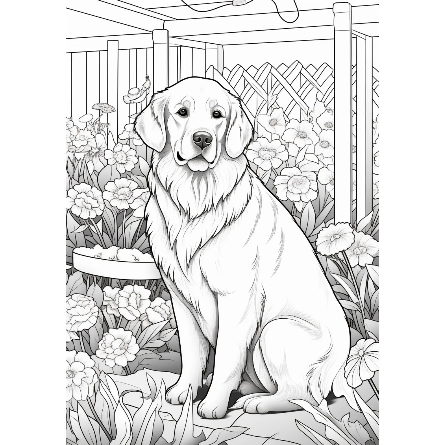 Full Body Golden in Garden coloring page - free printable golden retriever coloring sheet for kids