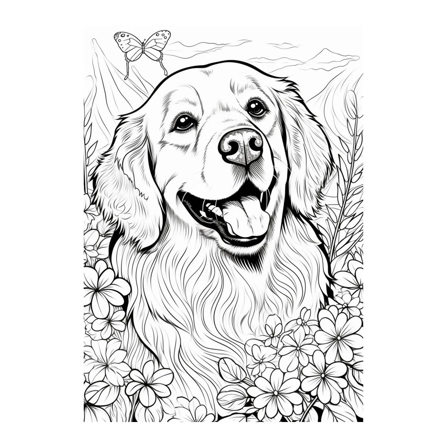 Golden with Butterfly and Flowers coloring page - free printable golden retriever coloring sheet for kids