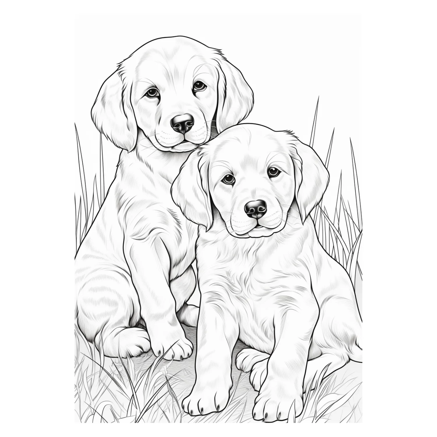 Pair of Puppies in Tall Grass coloring page - free printable golden retriever coloring sheet for kids