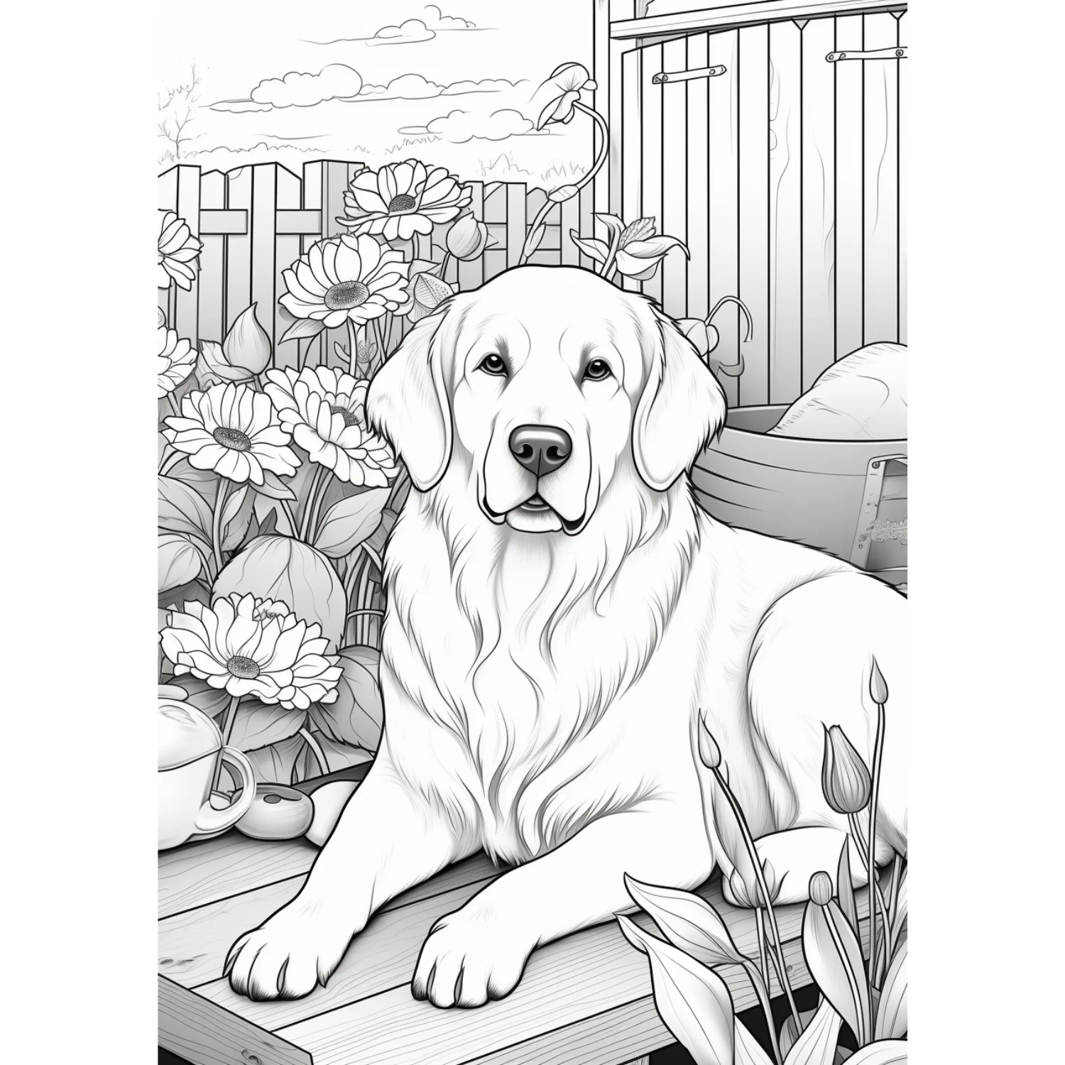 Relaxed Golden in Garden coloring page - free printable golden retriever coloring sheet for kids