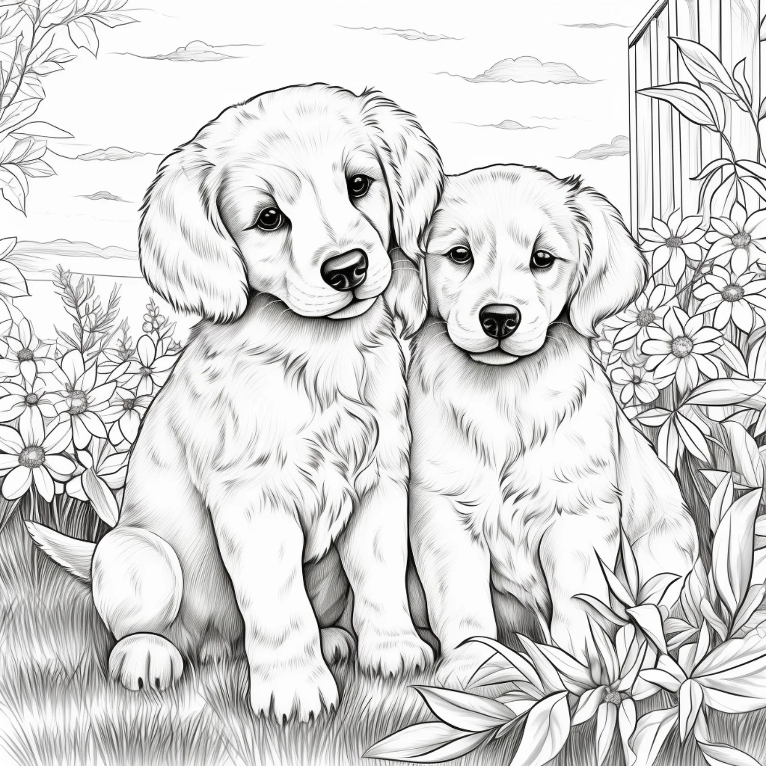 Two Puppies by Garden Fence coloring page - free printable golden retriever coloring sheet for kids